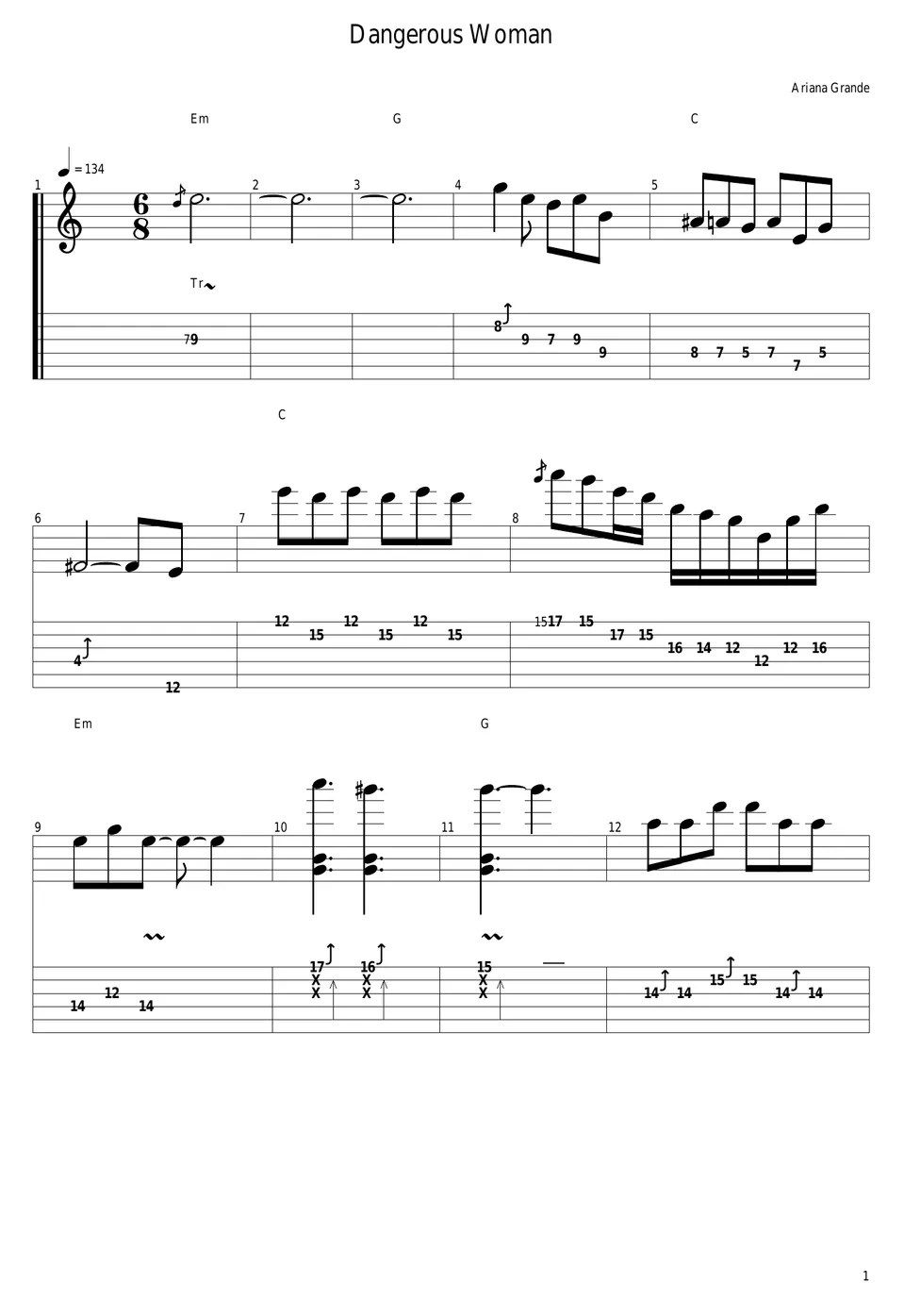 Ariana Grande Dangerous Woman (guitar solo) Tab + 1staff by guitar