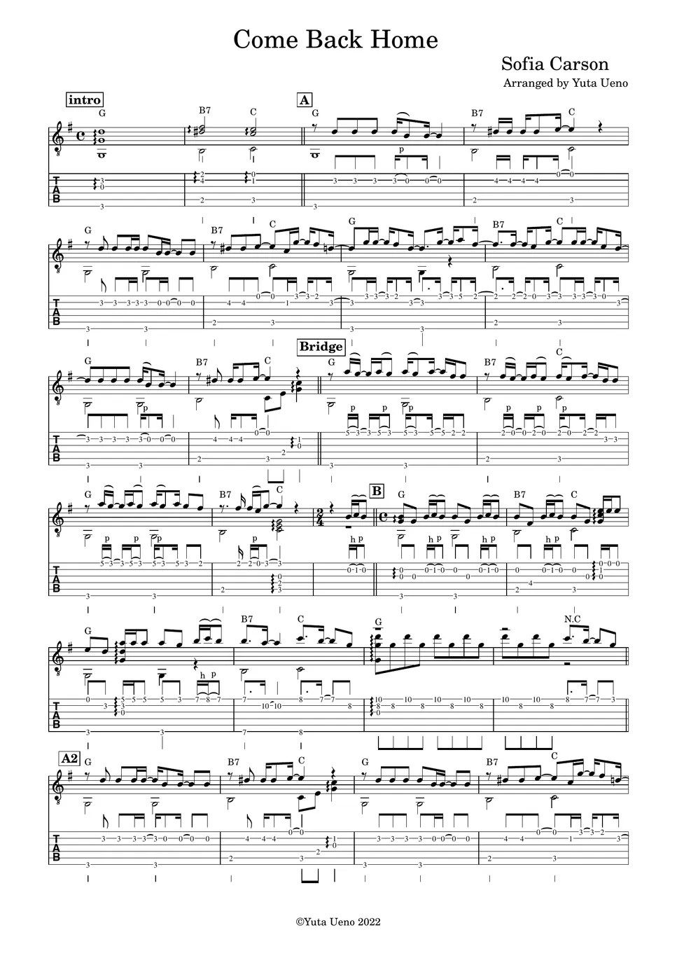 Sofia Carson Come Back Home (Fingerstyle) Tab + 단선 악보 by Yuta Ueno