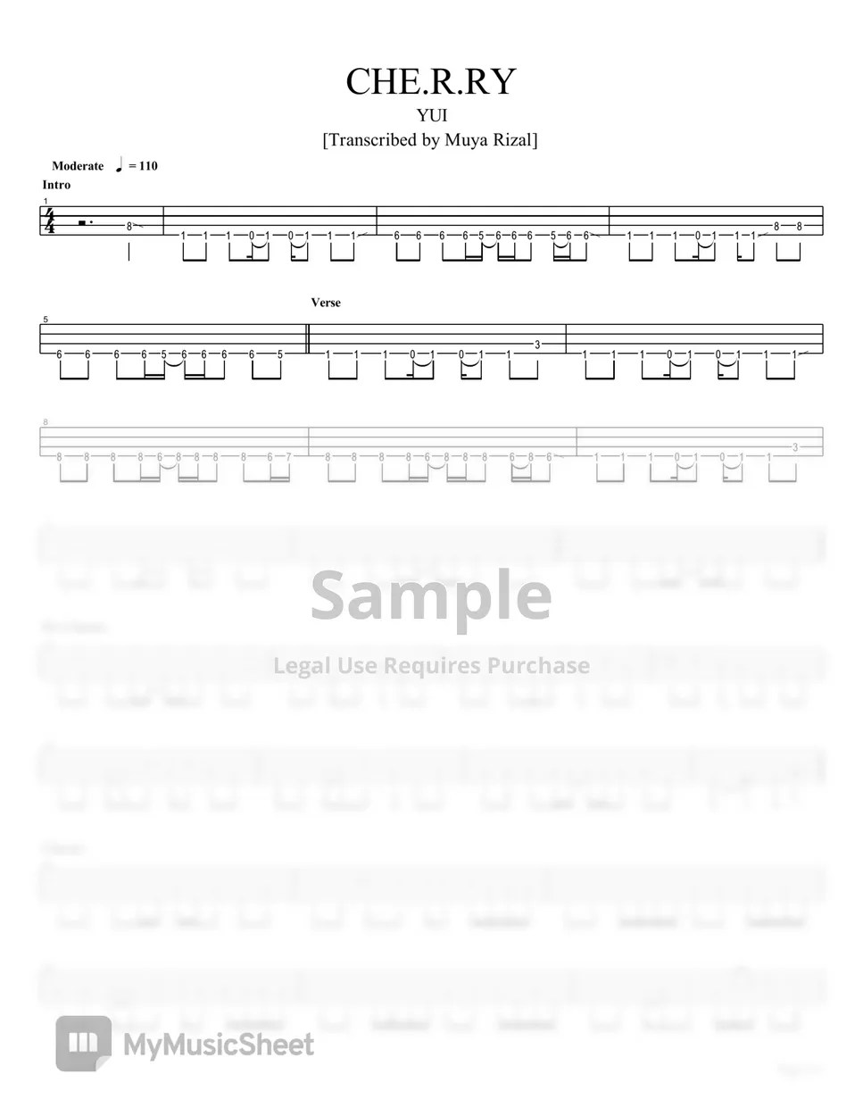 YUI CHE.R.RY (Bass TAB) 楽譜 by Muya