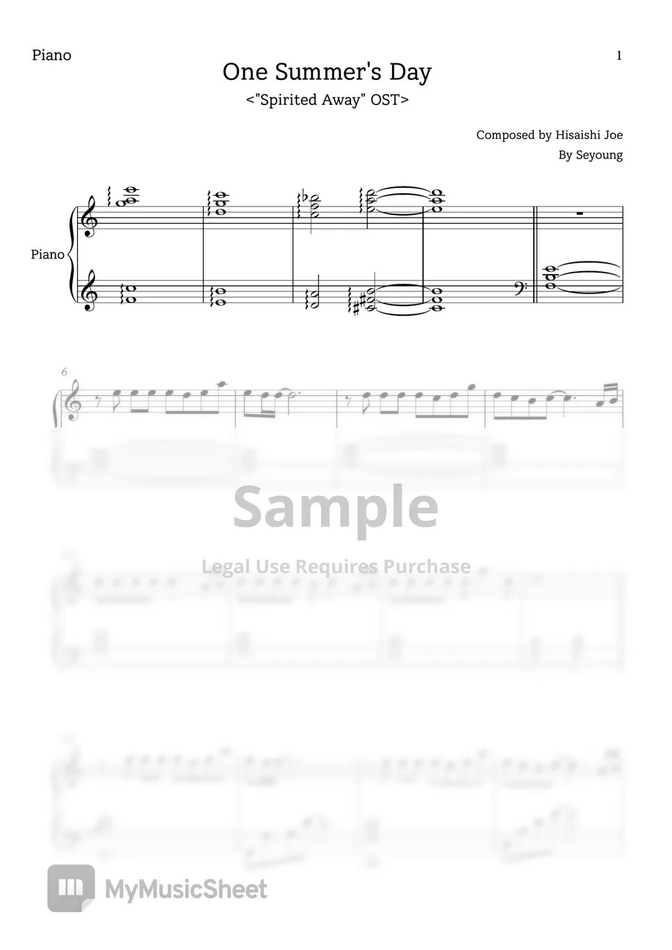 Hisaishi Joe One Summer's Day (Solo + Piano) Sheets by Seyoung