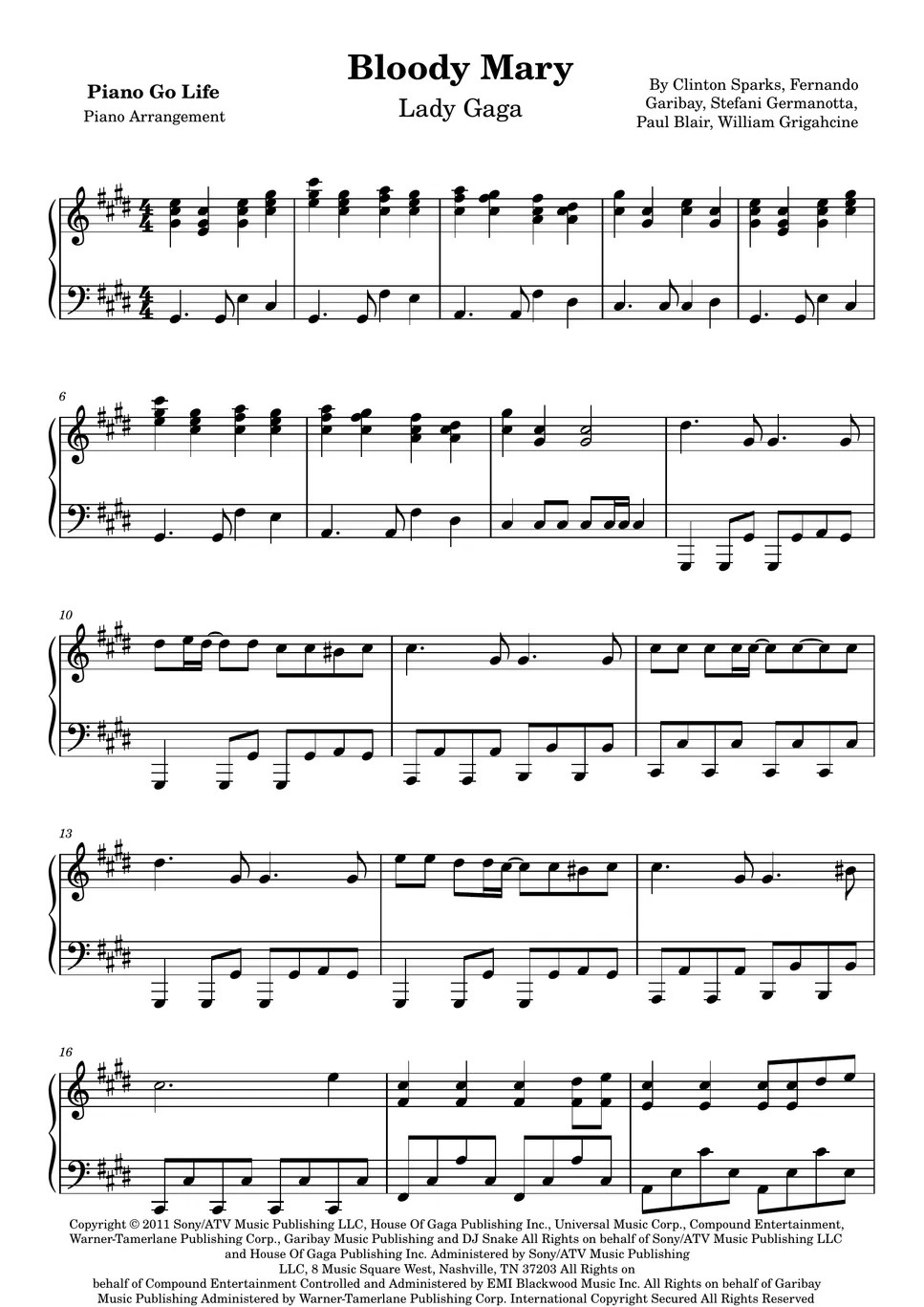 Lady Gaga Bloody Mary 楽譜 by Piano Go Life