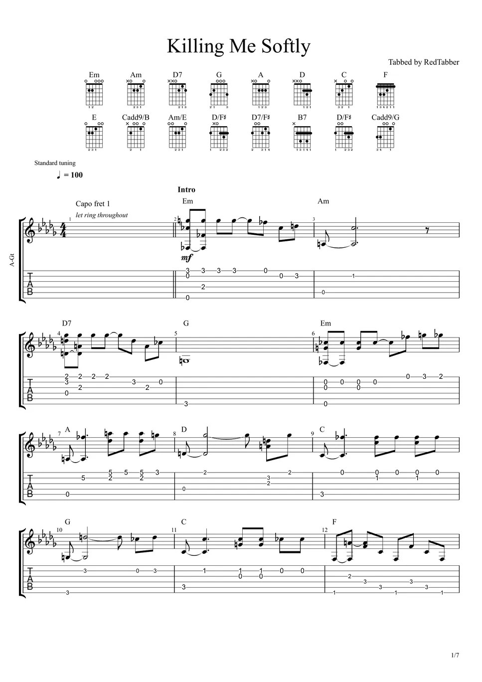 Roberta Flack Killing Me Softly (fingerstyle) TAB by RedTabber