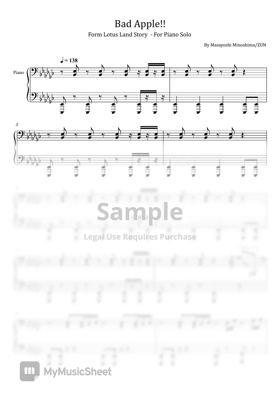 Masayoshi Minoshima/ZUN Bad Apple (Form Lotus Land Story For Piano