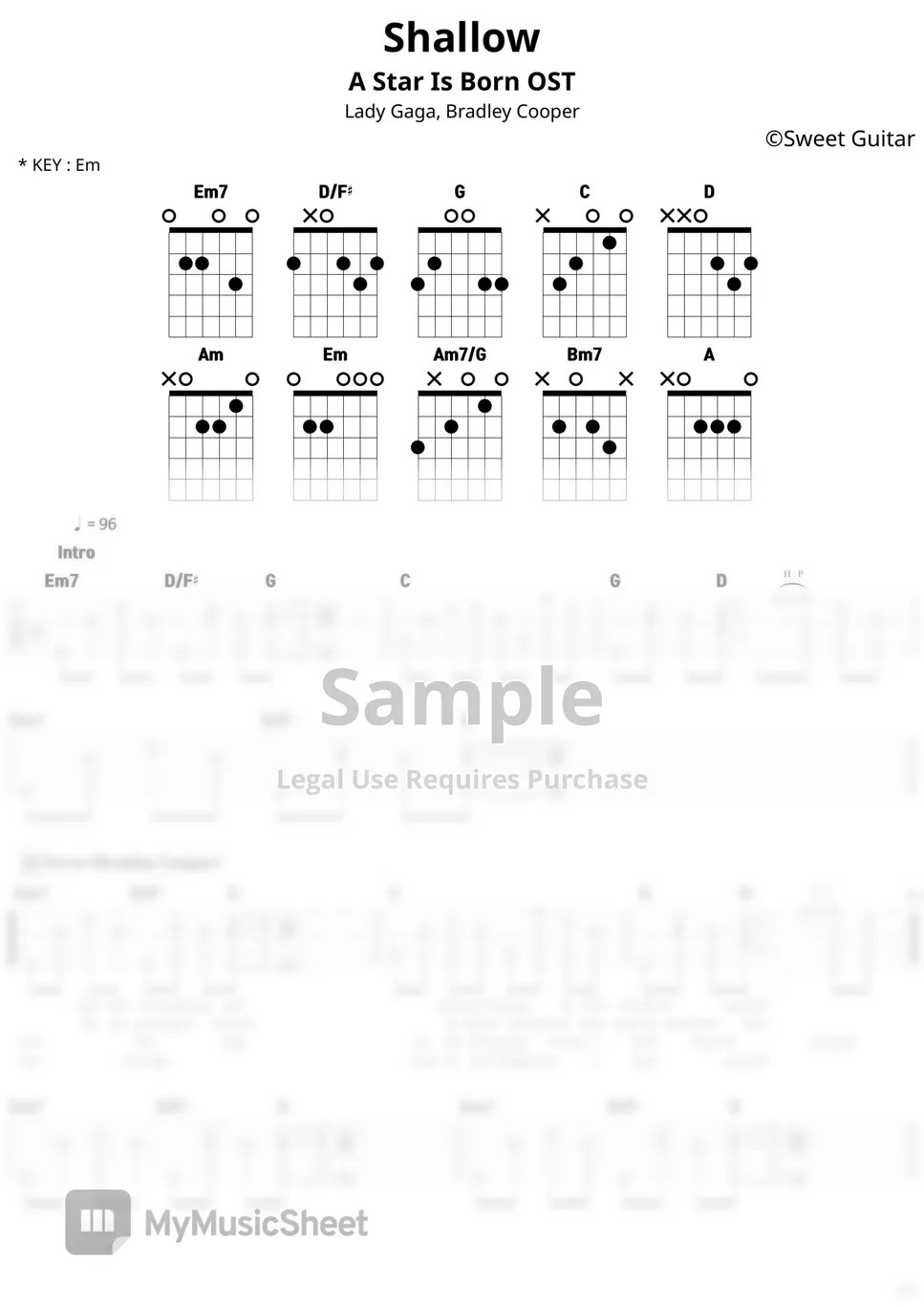 Lady Gaga Shallow 'A Star Is Born' ost (Guitar TABS Chords Lesson/ 기타