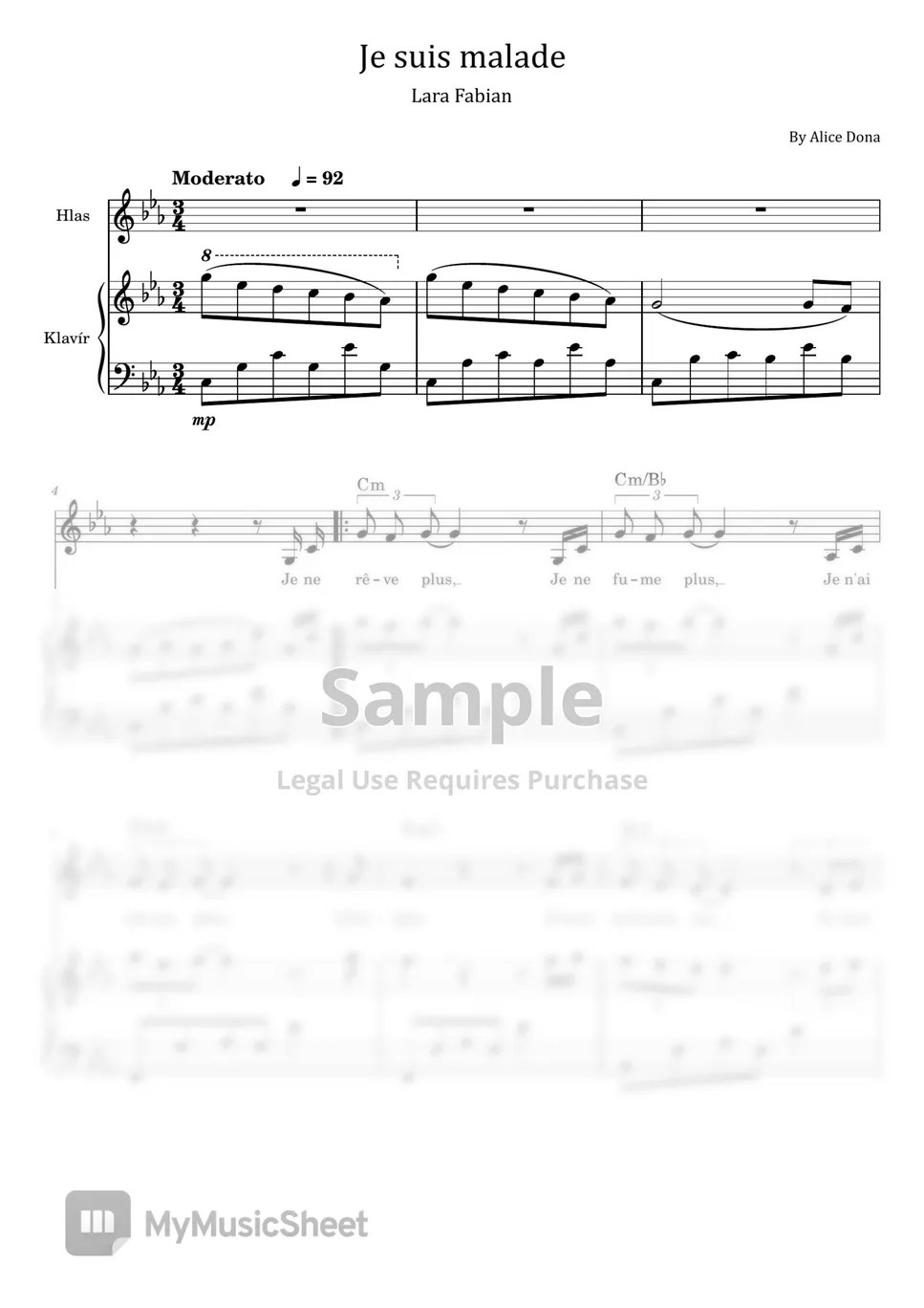 Alice Dona Je suis malade (Lara Fabian For Piano and Voice With