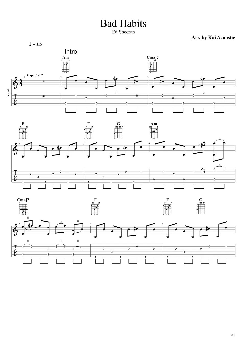 Ed Sheeran Bad Habits Fingerstyle Guitar Tutorial TAB Sheets by Kai Acoustic