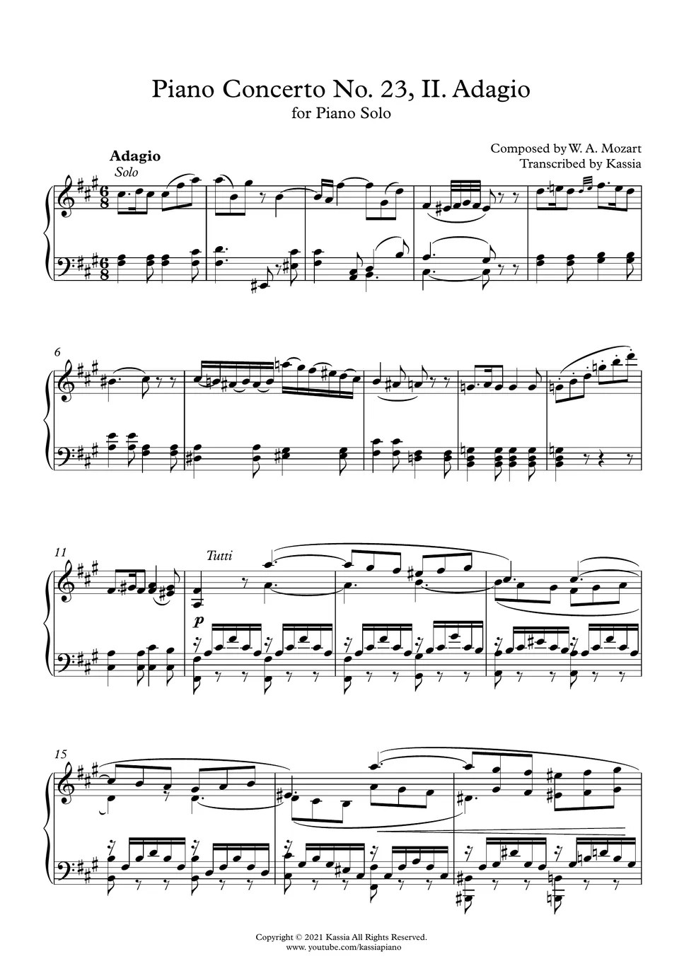 Mozart Piano Concerto No. 23, II. Adagio Sheet by Kassia