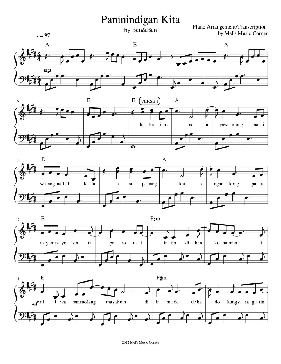 Ben&Ben Paninindigan Kita (piano sheet music) Sheets by Mel's Music