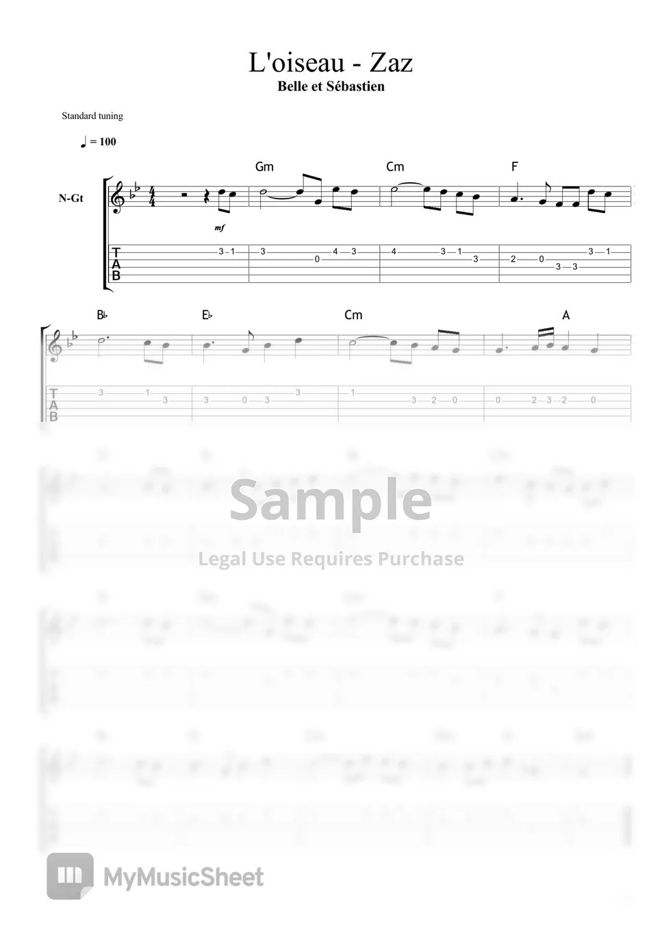 Zaz L'oiseau Tab + Partition à une seule portée by Guitare