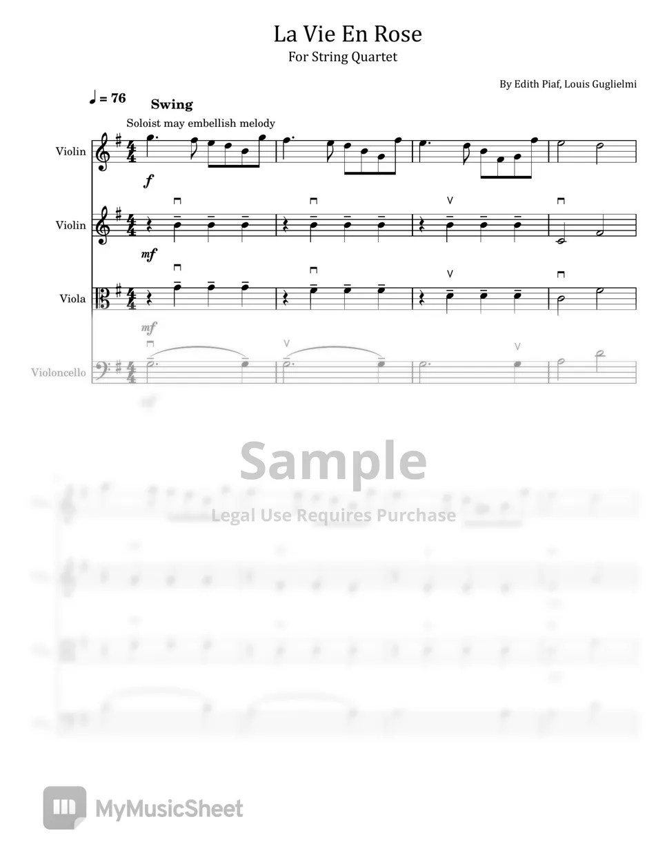 Edith Piaf, Louis Guglielmi La Vie En Rose (For String Quartet) Sheets by poon