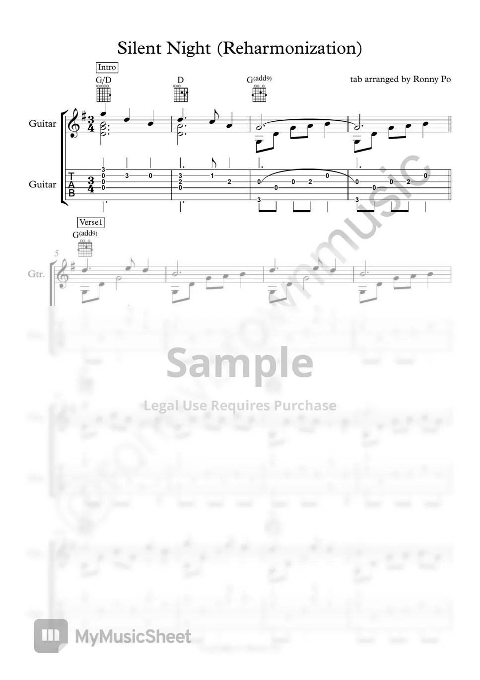 Silent Night (Guitar Reharmonisation) Tab + 1staff by Ronny Po