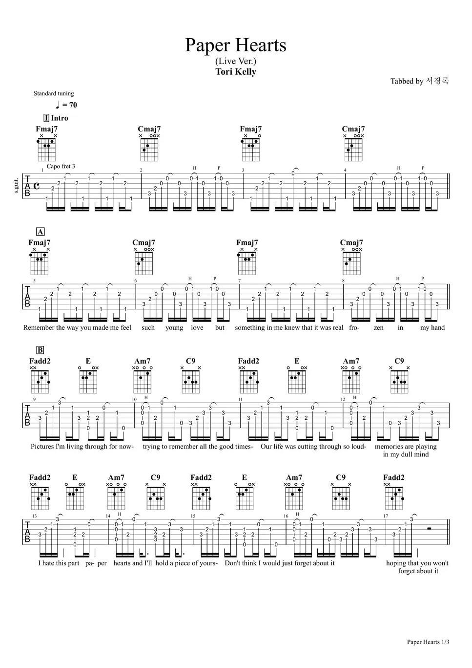 Tori Kelly Paper Hearts (Live Ver.) TAB by 서경록