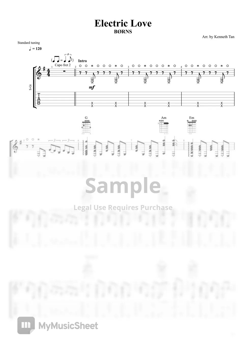 BØRNS Fingerstyle Guitar Electric Love Sheets by Acoustic