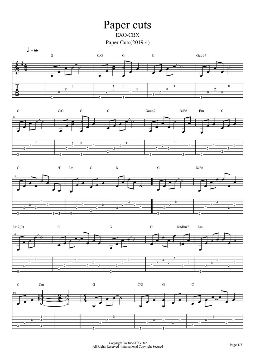 EXOCBX Paper Cuts Guitar Cover. Sheet