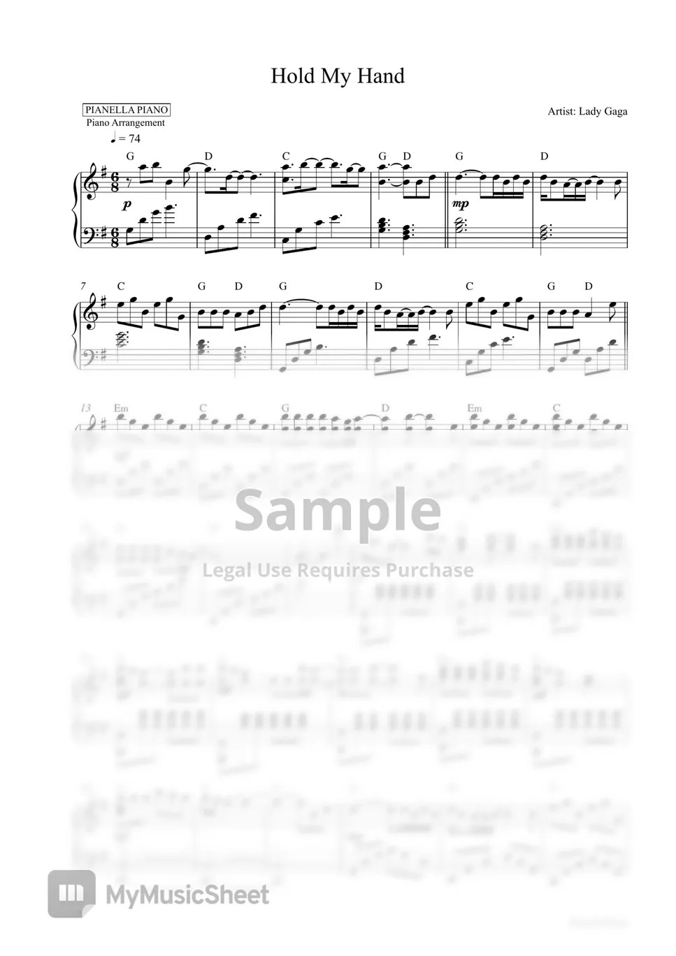 Lady Gaga (From Top GunMaverick) Hold My Hand (Piano Sheet) 악보 by