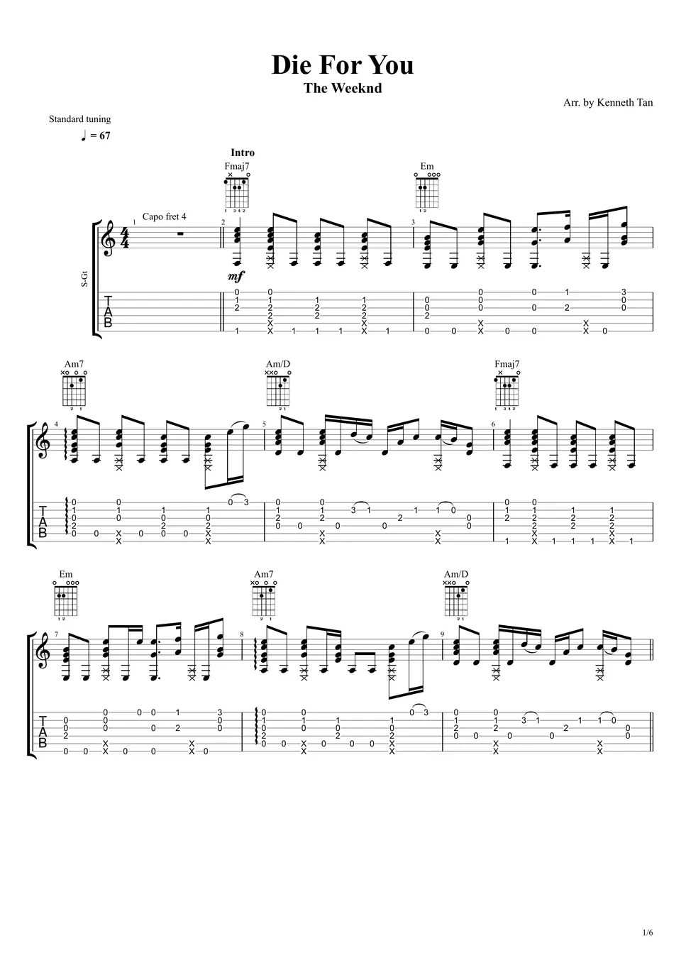 The Weeknd Fingerstyle Guitar Die For You TAB by Acoustic