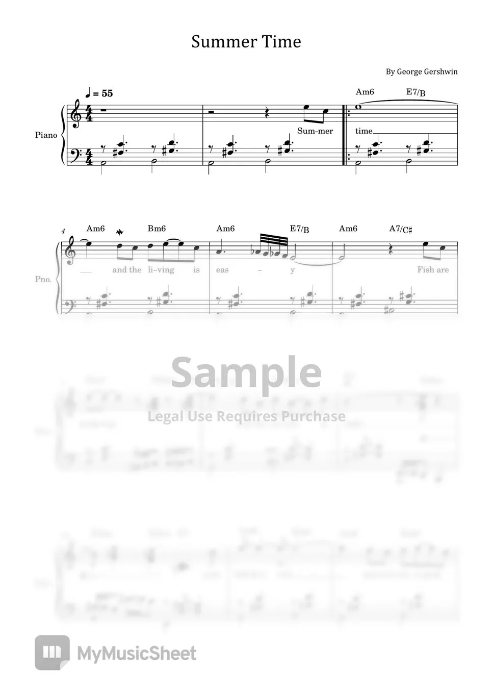 Gershwin Summer Time (For Piano Solo With Chord Lyric) 악보 by poon