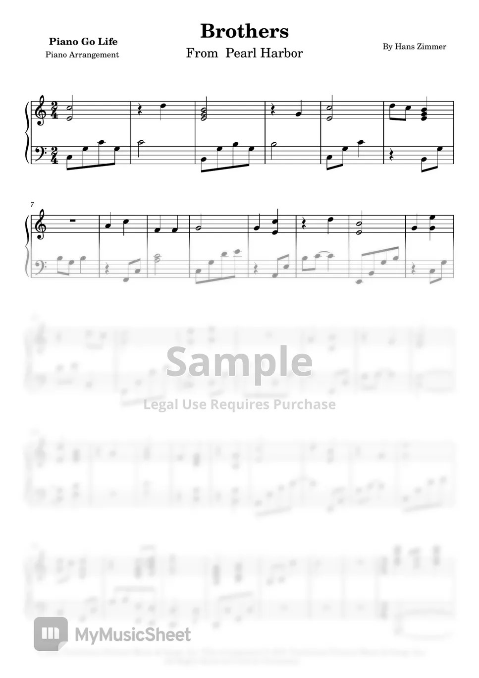 Hans Zimmer Brothers (From Pearl Harbor) Sheets by Piano Go Life