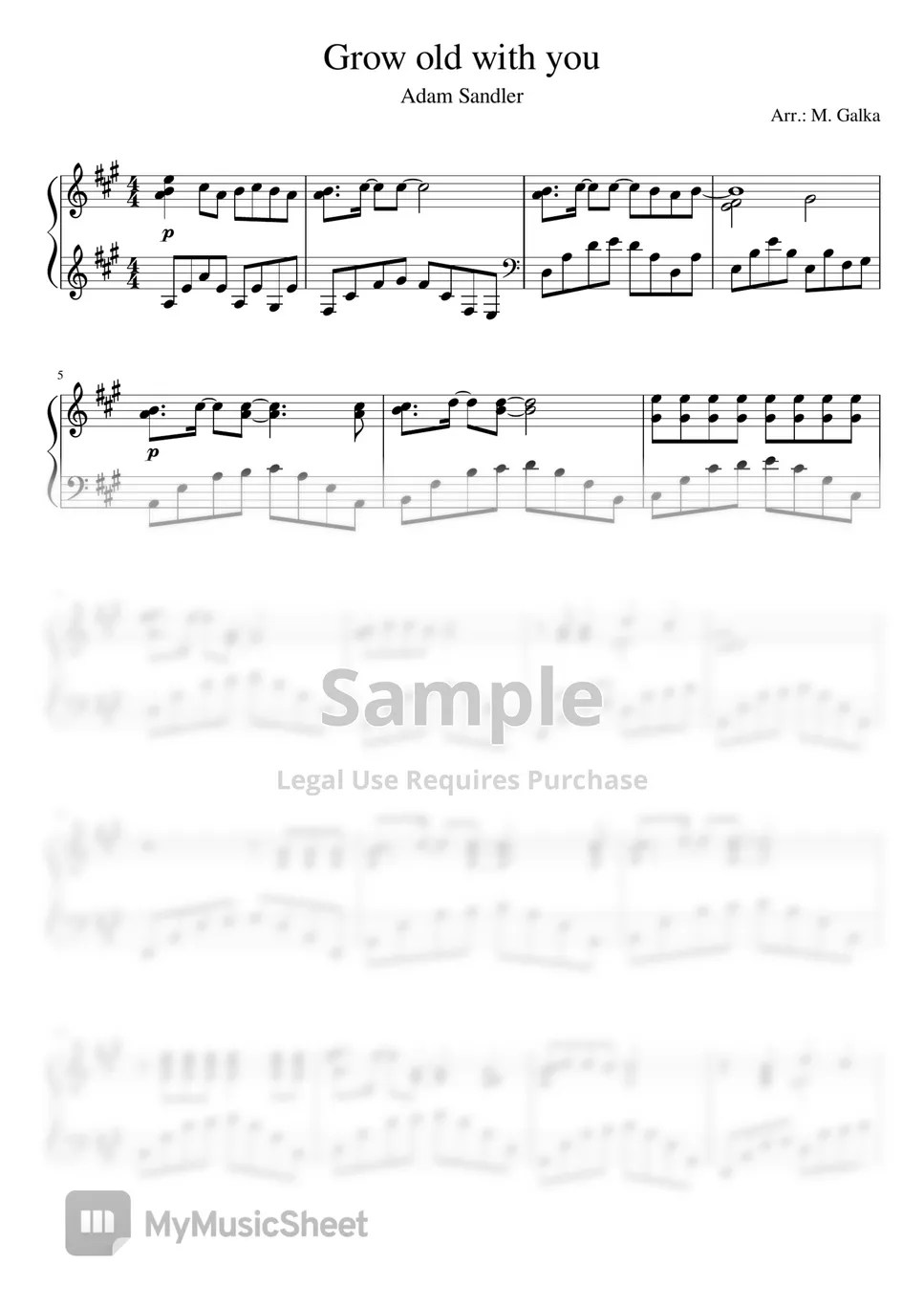 Adam Sandler Grow old with you Piano Cover Sheets by M. Galka