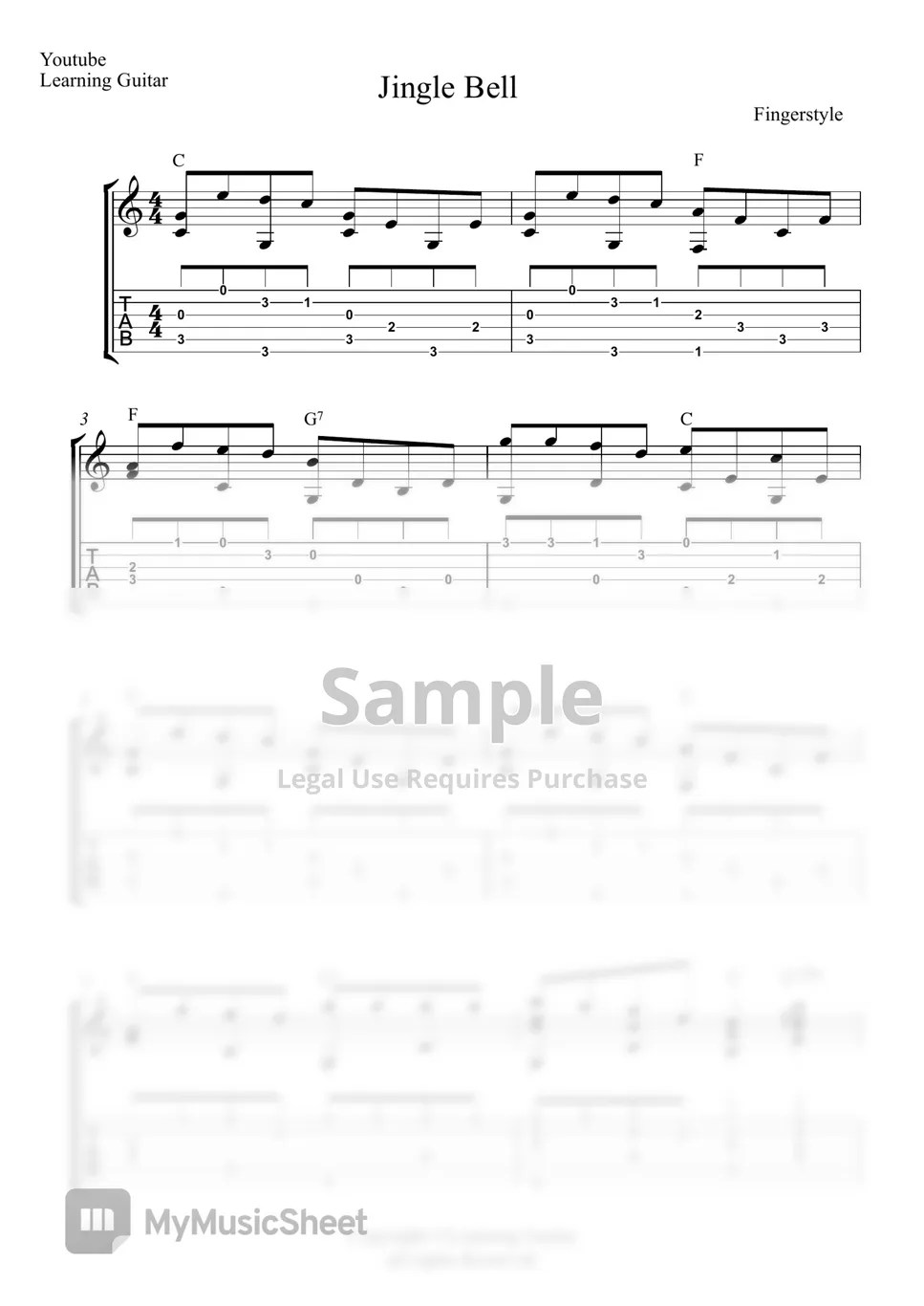 James Lord Pierpont Jingle Bell (Guitar TAB) Lembar Musik by Learning