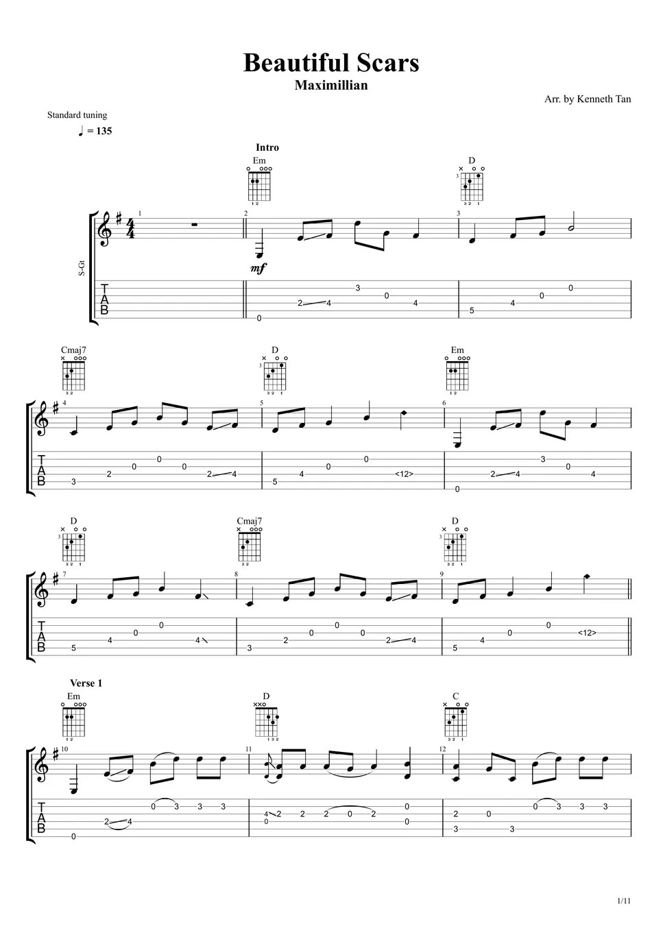 Maximillian Fingerstyle Guitar Beautiful Scars TAB by Acoustic