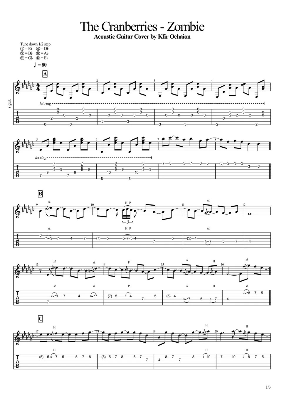 The Cranberries Zombie Acoustic Looper Sheets by Kfir Ochaion