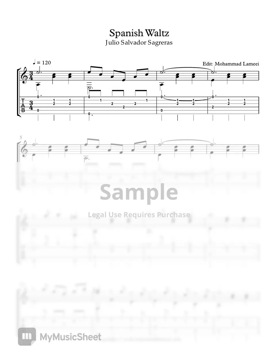 Julio Salvador Sagreras Spanish Waltz Tab + 1staff by Mohammad Lameei