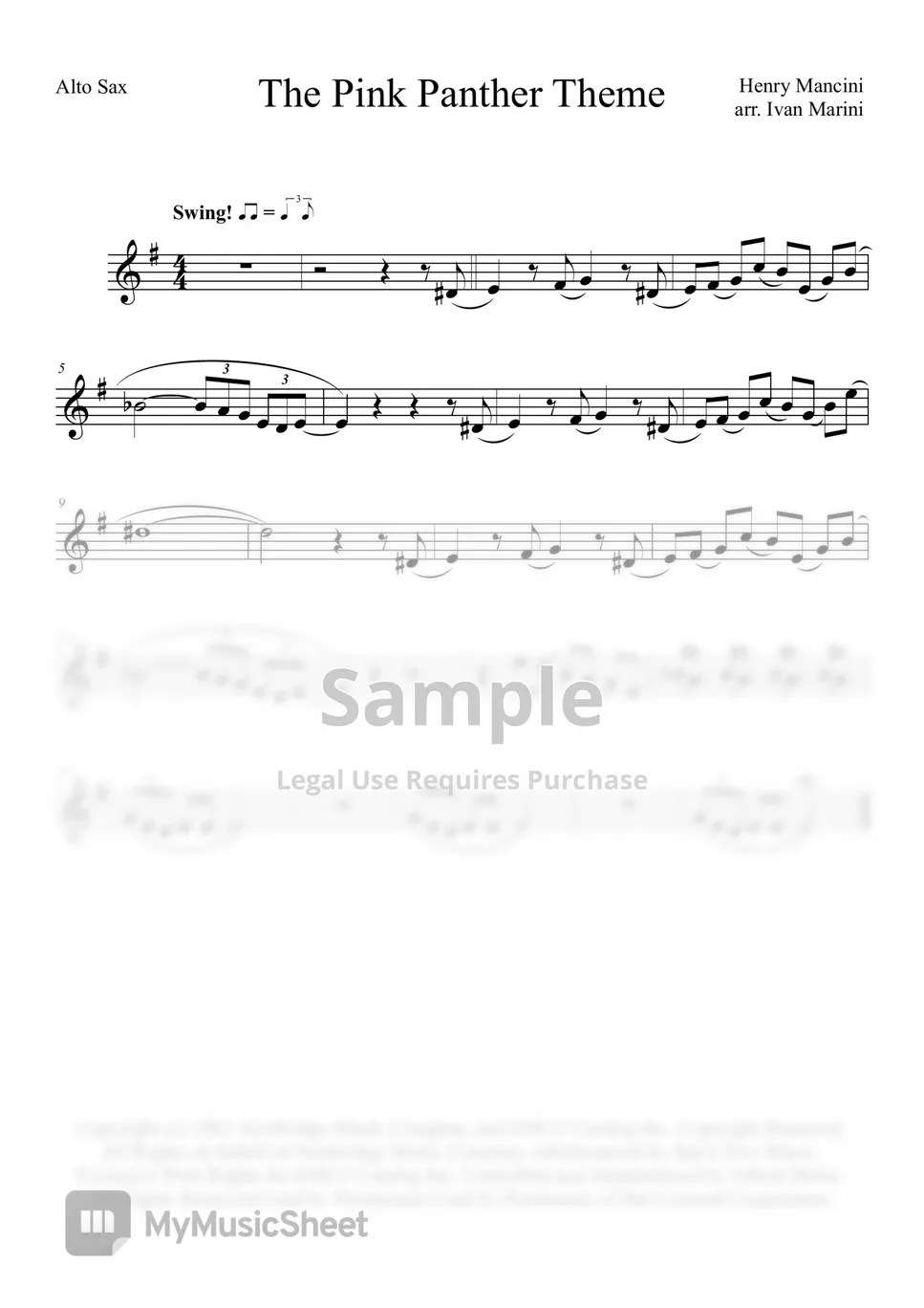 THE PINK PANTER easy Alto Sax Sheets by Ivan Marini