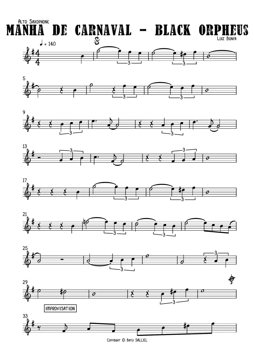 Luiz Bonfa Black Orpheus Eb Alto Saxophone Nuty