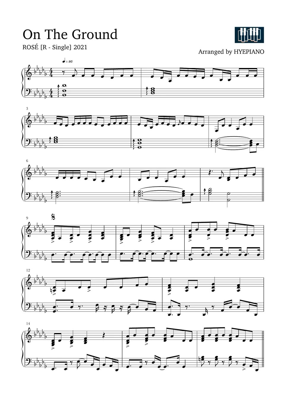 ROSÉ On The Ground (Original key) 악보 by HYEPIANO