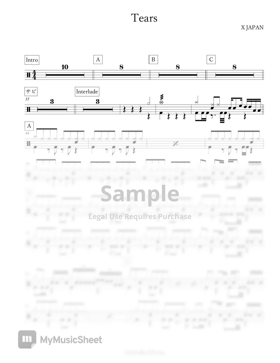 X JAPAN Tears 악보 by Arkadia Drums