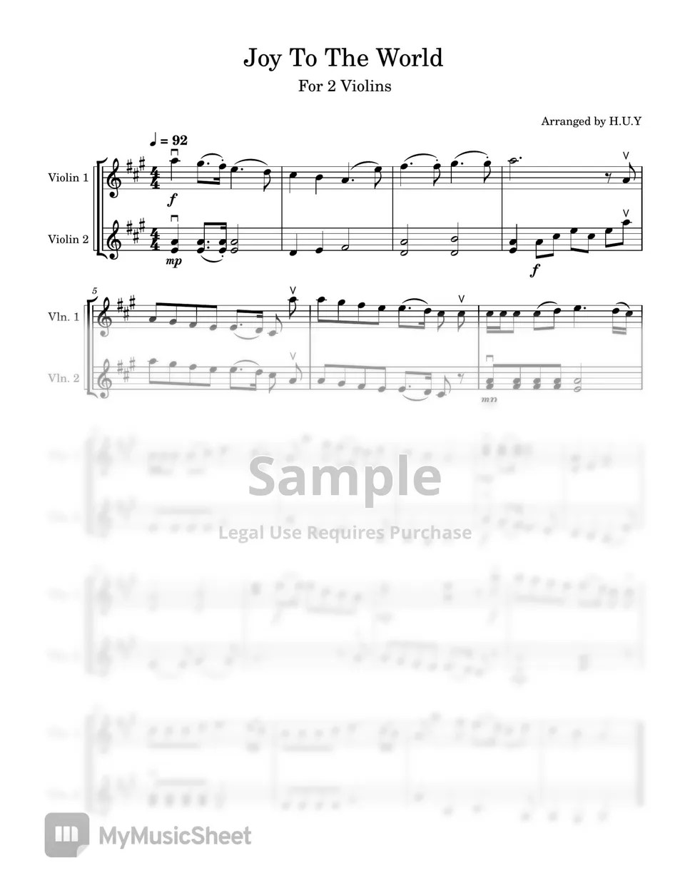 Joy To The World (2 violins) Sheets by H.U.Y