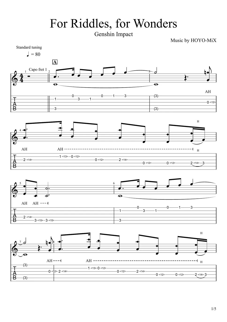 Genshin Impact For Riddles, for Wonders (Fingerstyle) Sheets by u3danchou