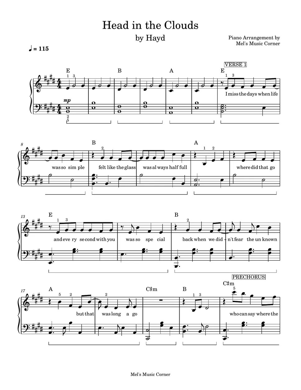 Hayd Head in the Clouds (piano sheet music) Sheets by Mel's Music Corner