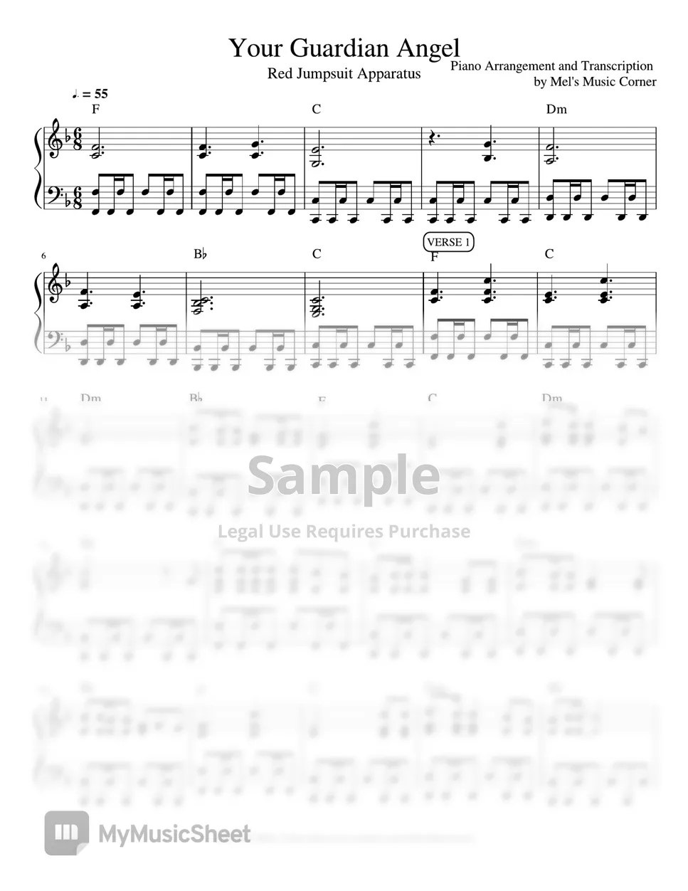 Red Jumpsuit Apparatus Your Guardian Angel (piano sheet music) Sheets by Mel's Music Corner