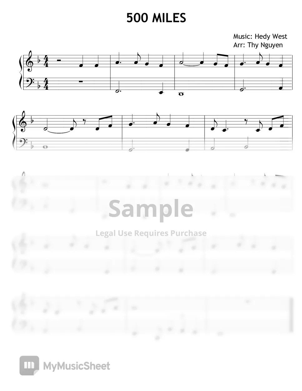 Hedy West 500 Miles (Easy Piano) 악보 by Thy Nguyen