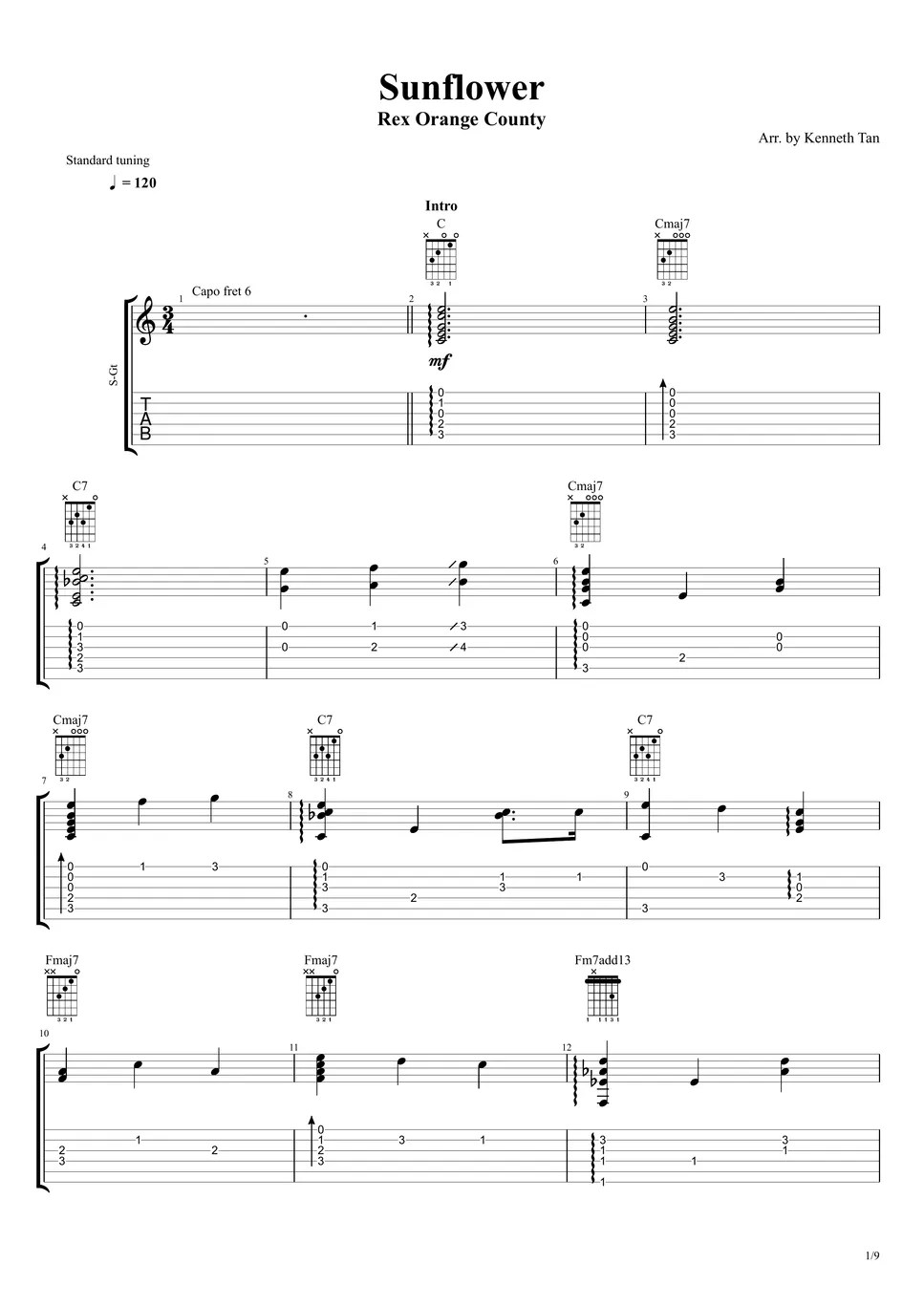 Rex Orange County Fingerstyle Guitar Sunflower TAB by Acoustic