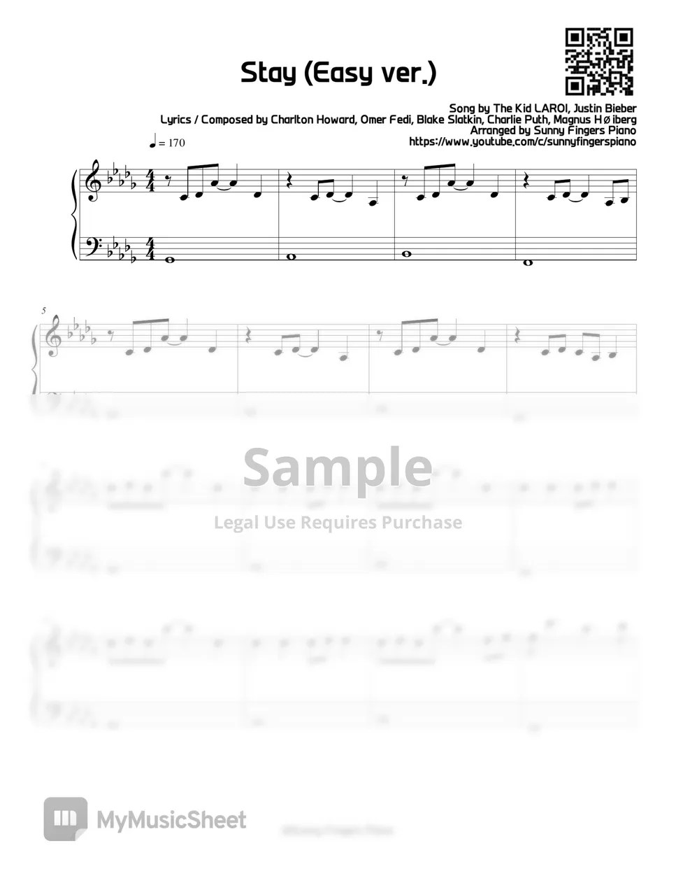 Justin Bieber, The Kid LAROI Stay (Easy) Sheets by Sunny Fingers Piano