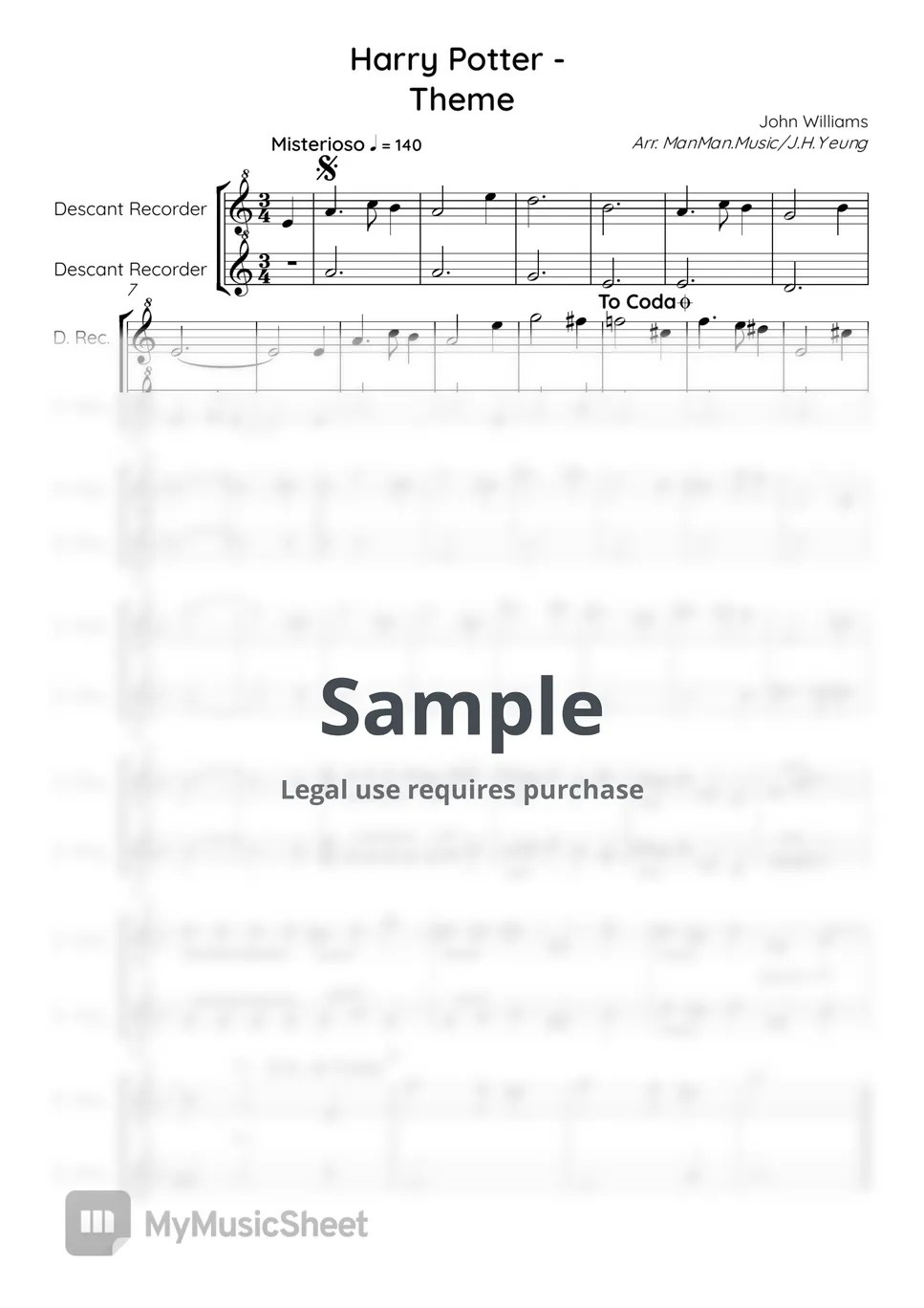 John William Harry Potter Theme for Duet (Recorders) Sheets by ManMan