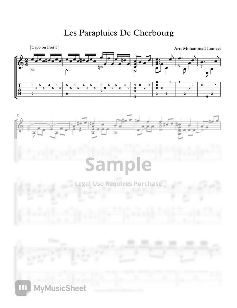 Les Parapluies De Cherbourg French song Tab + 1staff by Mohammad Lameei