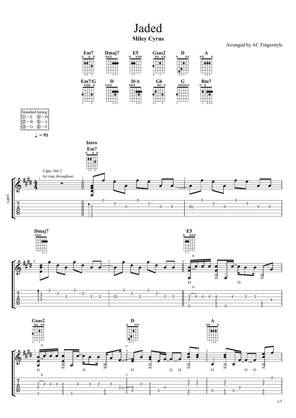 Miley Cyrus Jaded Tab + 1staff by AC Fingerstyle