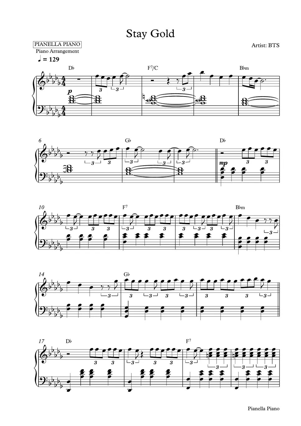 BTS STAY GOLD (Piano Sheet) 曲谱 by Pianella Piano