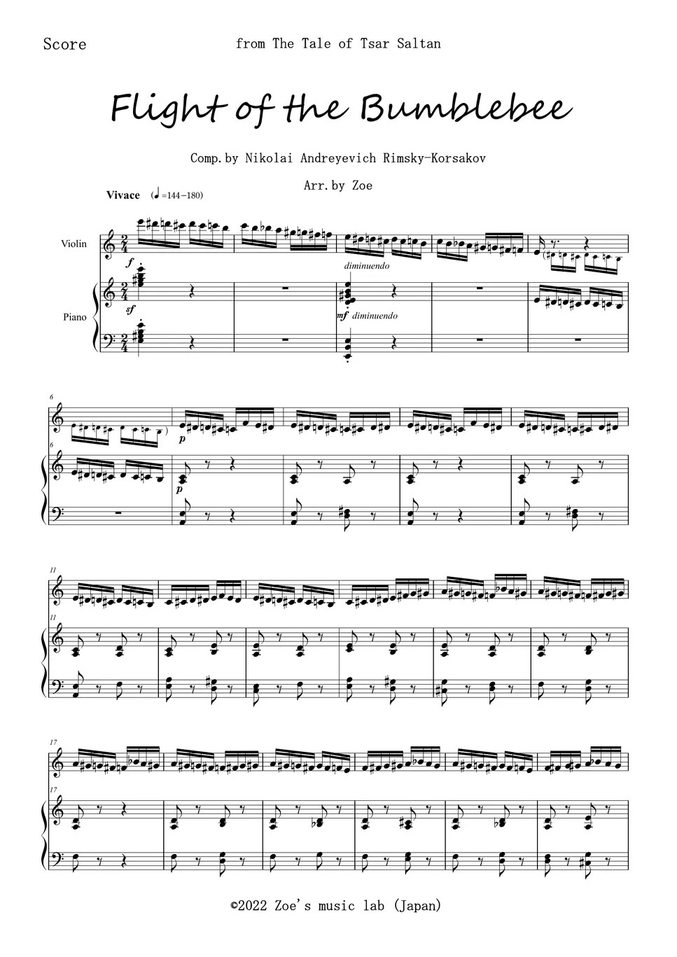 RimskyKorsakov 熊蜂の飛行 for Violin and Piano (Flight of the Bumblebee) (ピアノ/ヴァイオリン/バイオリン) 楽譜 by Zoe