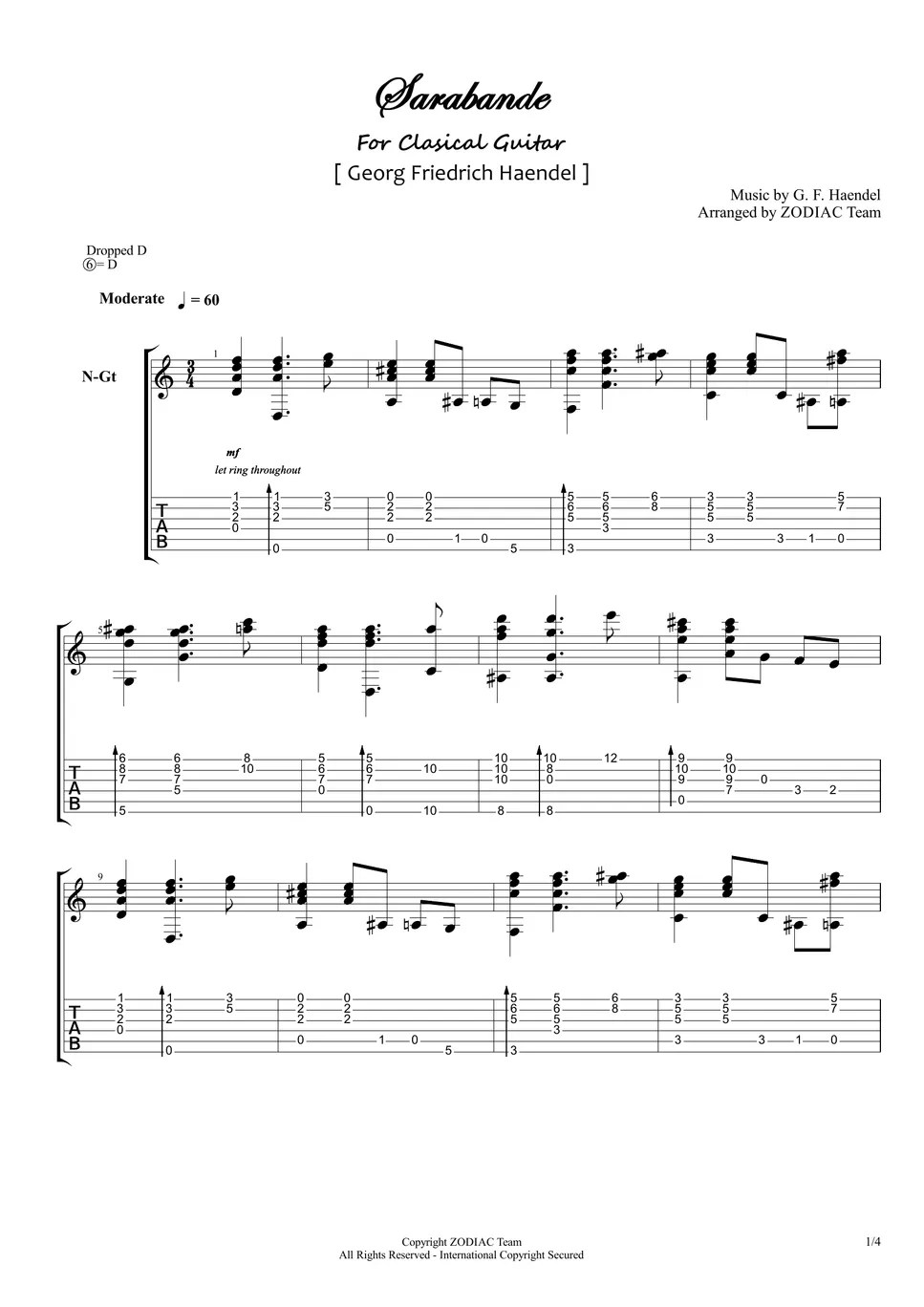 G. F. Haendel(핸델) Sarabande(사라방드) Sheets by ZODIAC Team