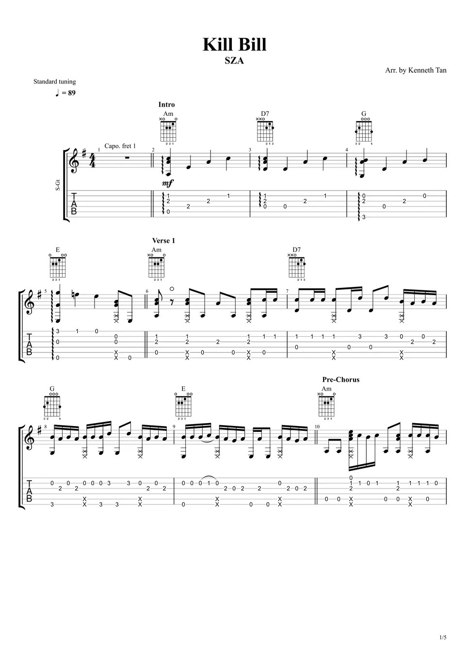 SZA Fingerstyle Guitar Kill Bill 타브 by Acoustic