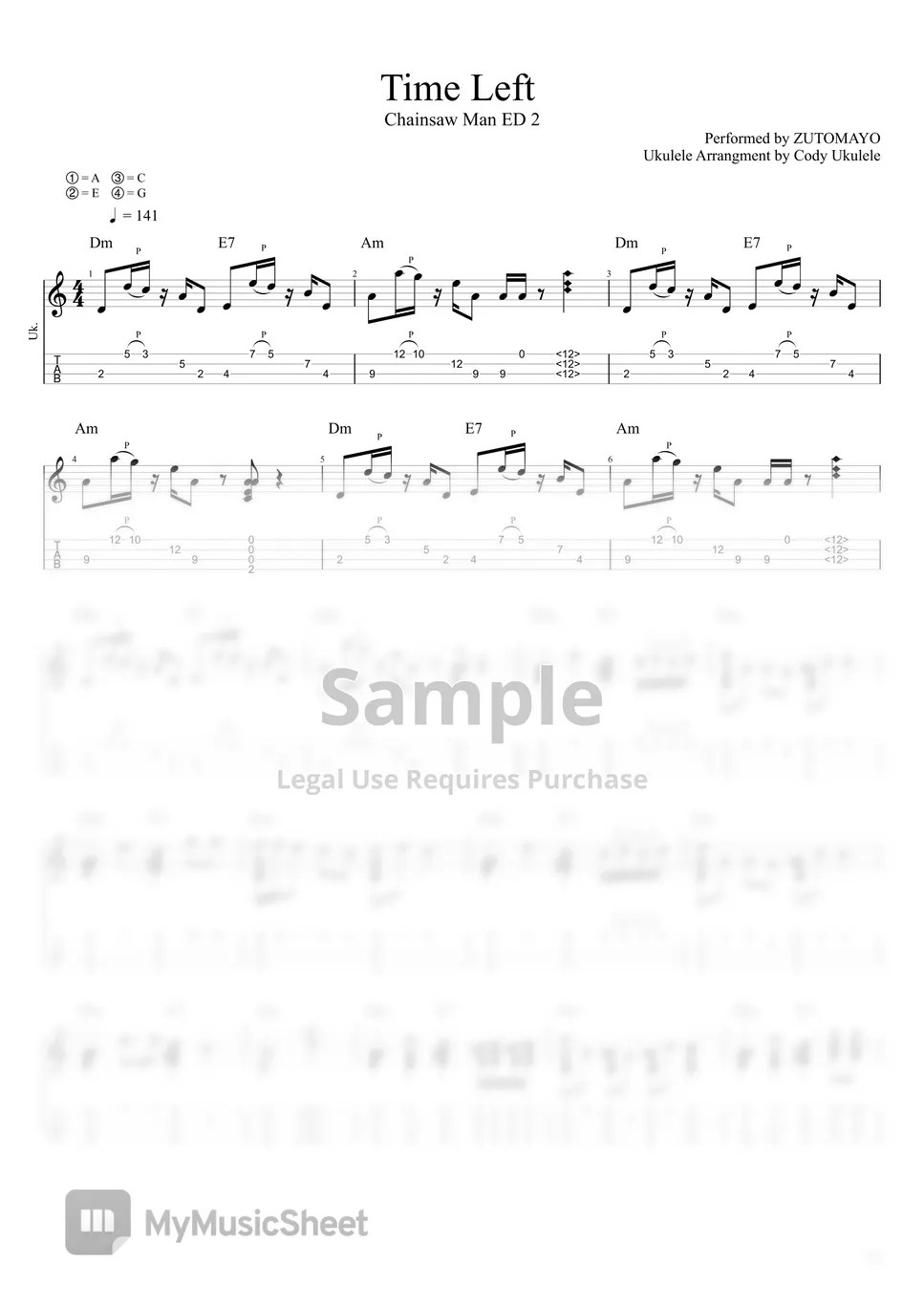 ZUTOMAYO Time Left Tab + 단선 악보 by Cody Ukulele