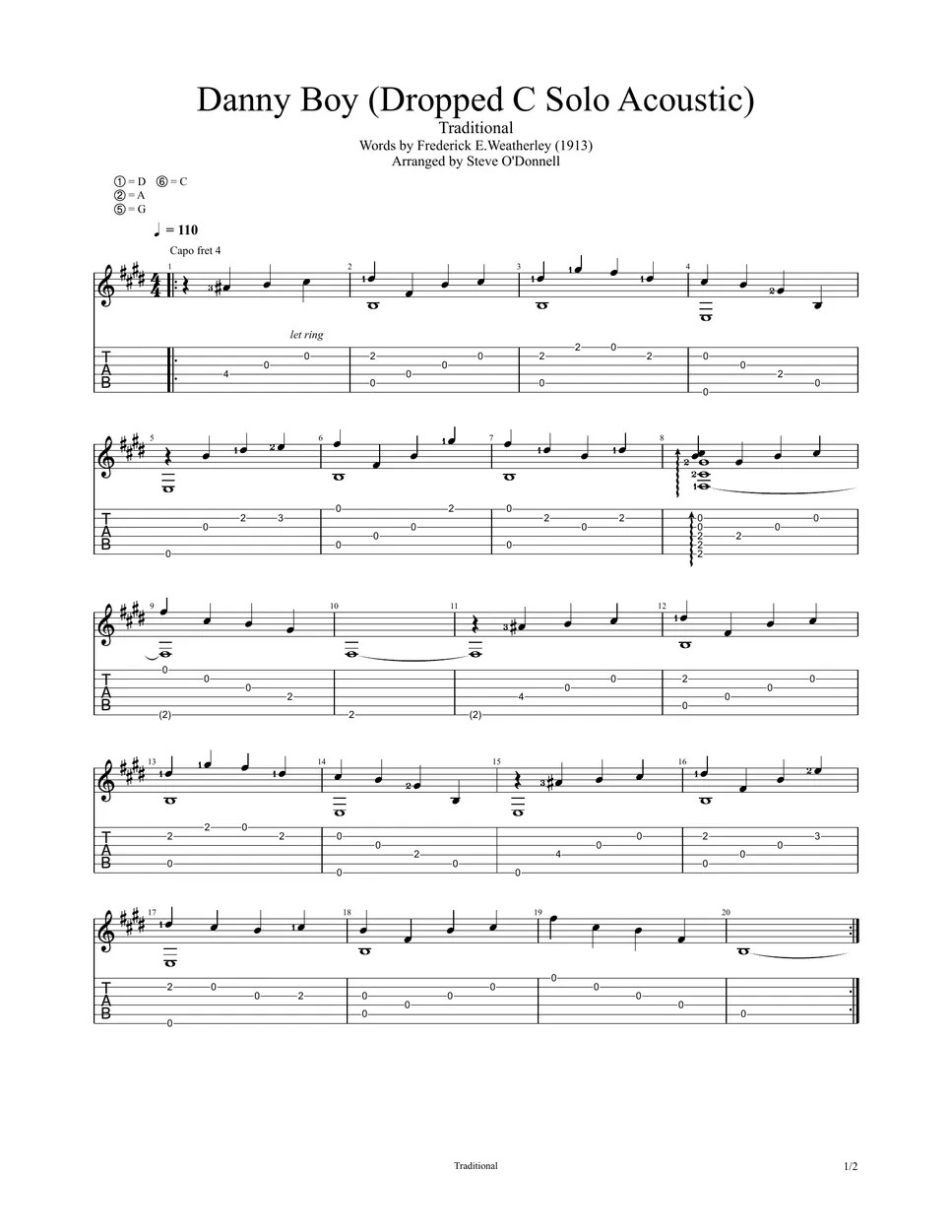 Frederick E. Weatherley Danny Boy Acoustic for Solo Guitar (Dropped C