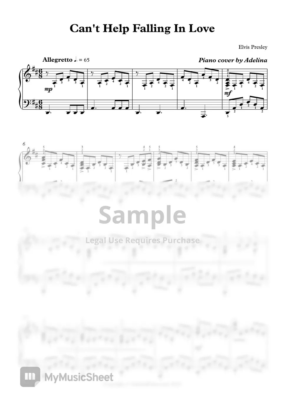 Elvis Presley Can't Help Falling In Love Sheets by Adelina Piano