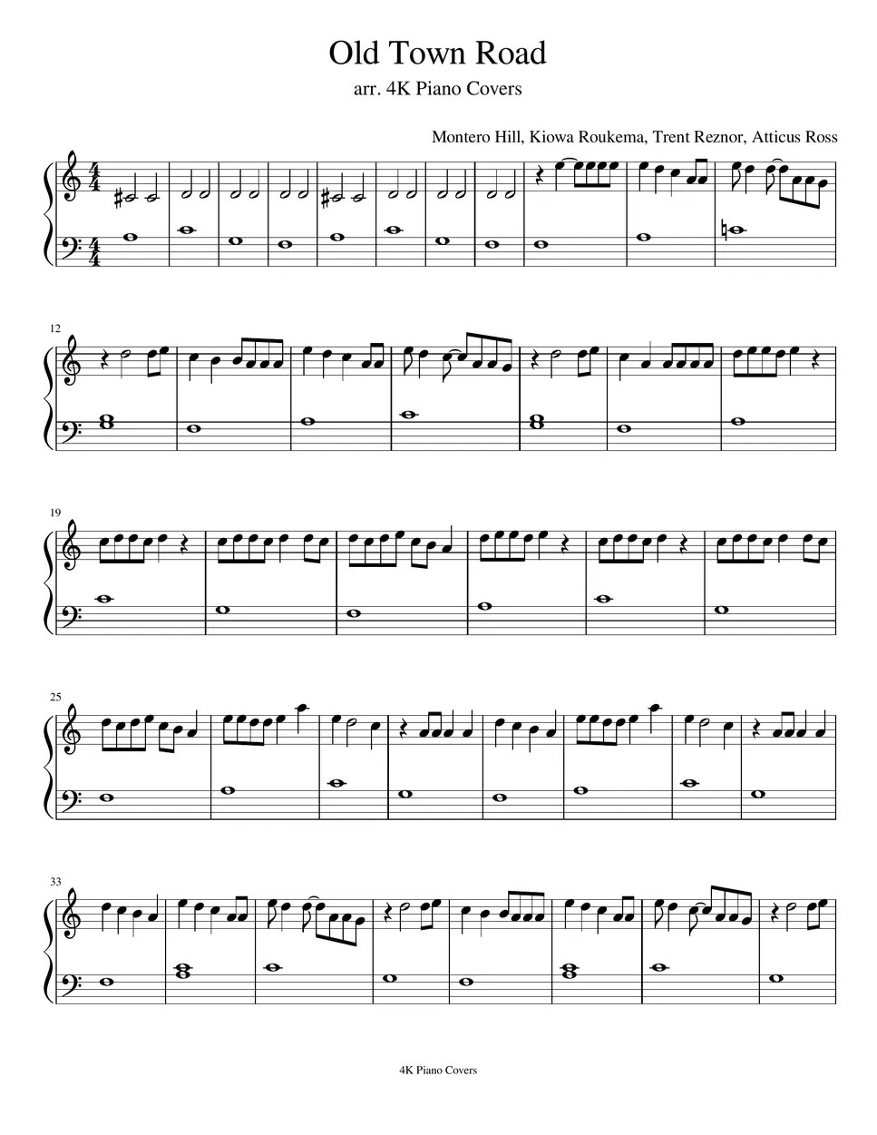 Lil Nas X Old Town Road easy piano 악보 by 4k piano covers