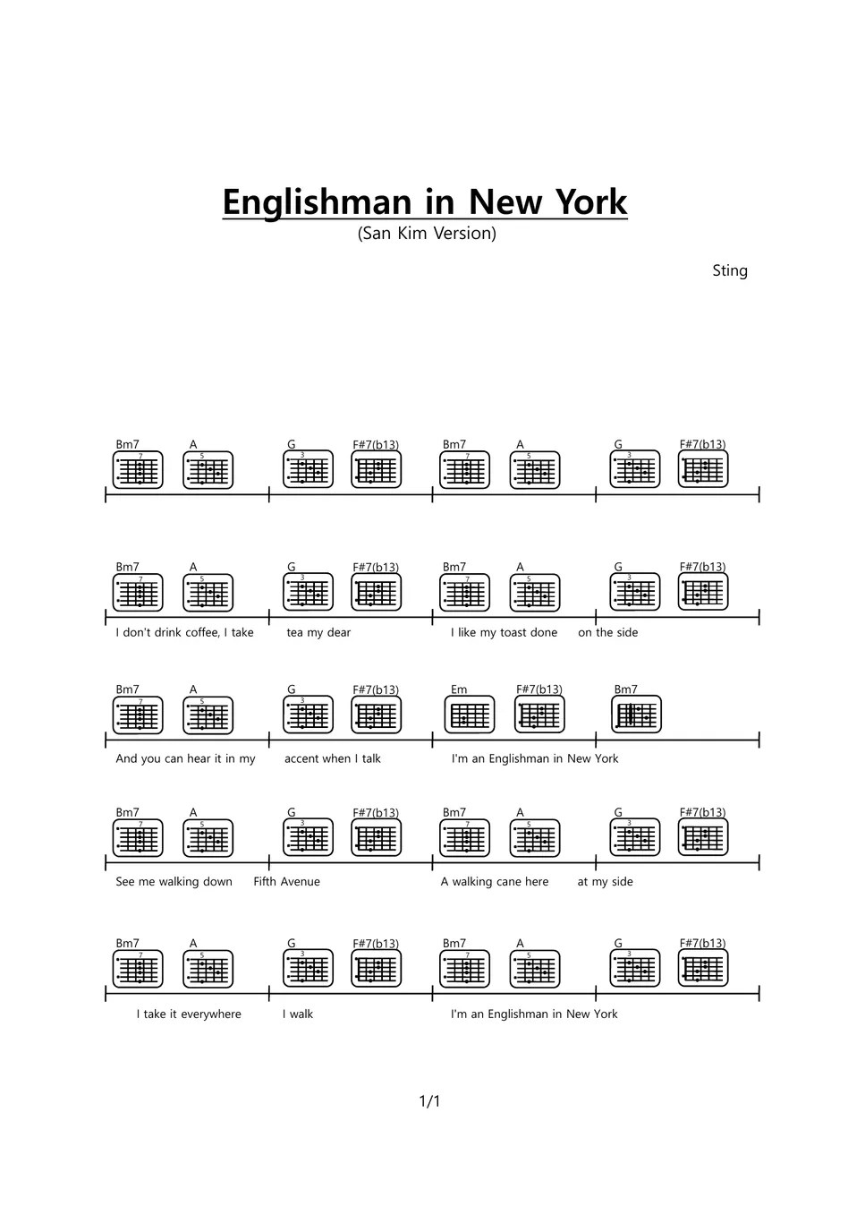 Sting Englishman In NewYork Chords score (Sam Kim version) Sheets